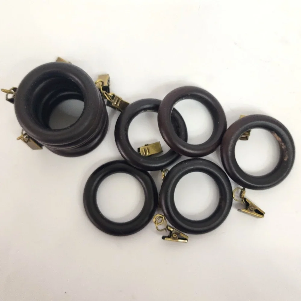 VTG 90s Dark Espresso Wood Curtain Rings with Clips Set of 10